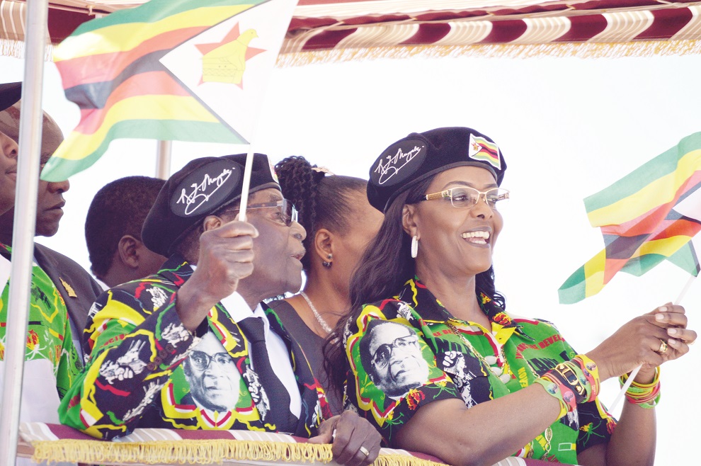President Mugabe and the First Lady Dr Amai Grace Mugabe arrive for the Presidential Youth Interface Rally at White City Stadium in Bulawayo yesterday