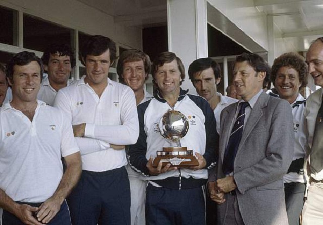 Duncan Fletcher poses with the trophy after Zimbabwe's victory over Bermuda in the ICC Trophy Final in 1982. © Getty